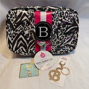 Macbeth Collection Black and White Animal Print Cosmetic Bag with Pink Stripe